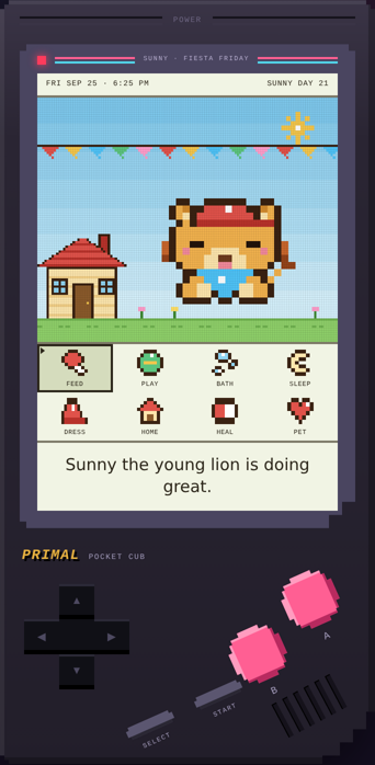 Pocket Cub on its pixel handheld: a lion cub in a red cap standing in a sunny yard next to its house