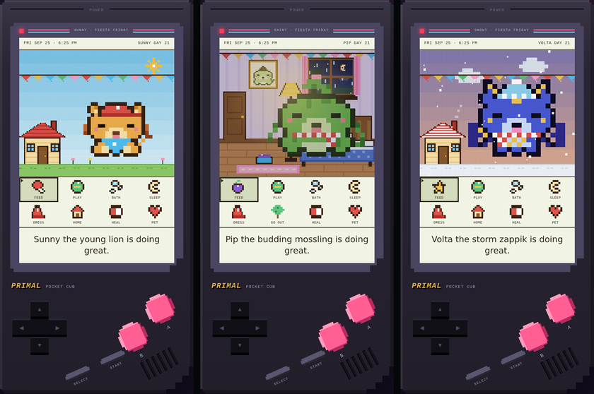 Three Pocket Cub screens: a lion in the sunny yard, a Mossling in its room on a rainy night, and a Zappik in the snow at sunset